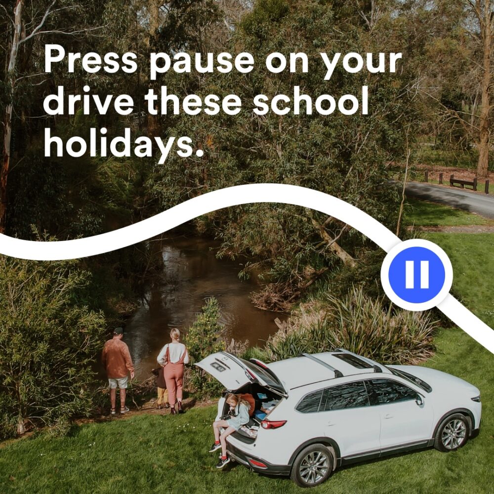 Social media tile for "press pause on your drive these school holidays"